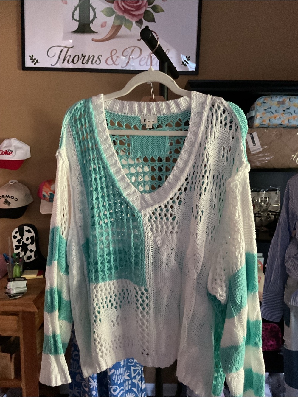 POL Turquoise & White Striped Open-Knit V-Neck Sweater